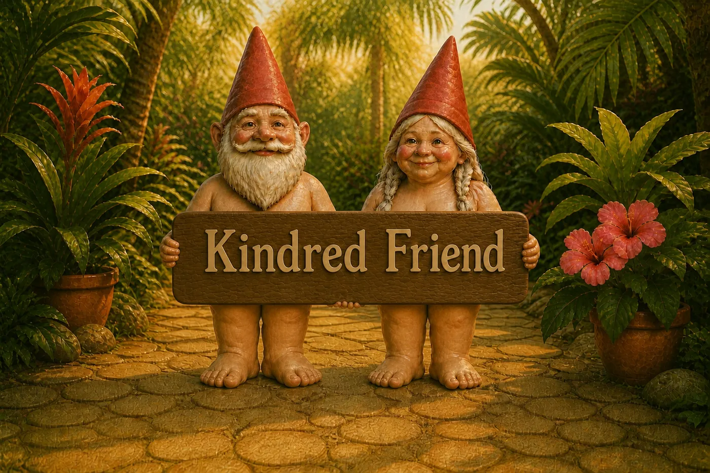 Two garden gnomes hold a wooden Kindred Friend sign in a tropical garden